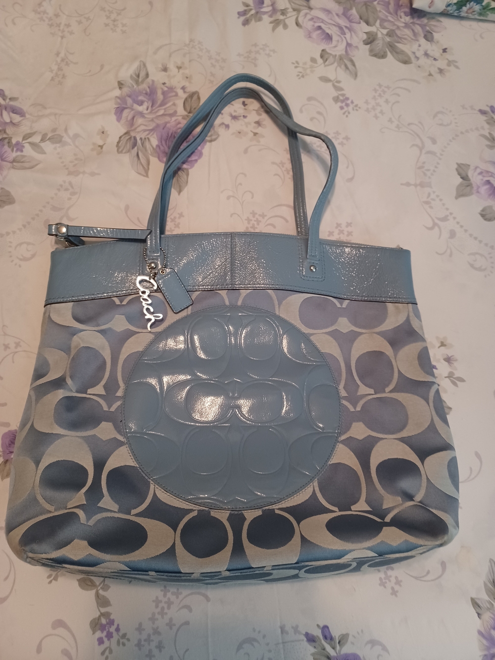 Coach Light Blue Signature Tote with Leather Trim